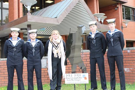Cllr Charles and HMS Cambria reps with Silent Soldier
